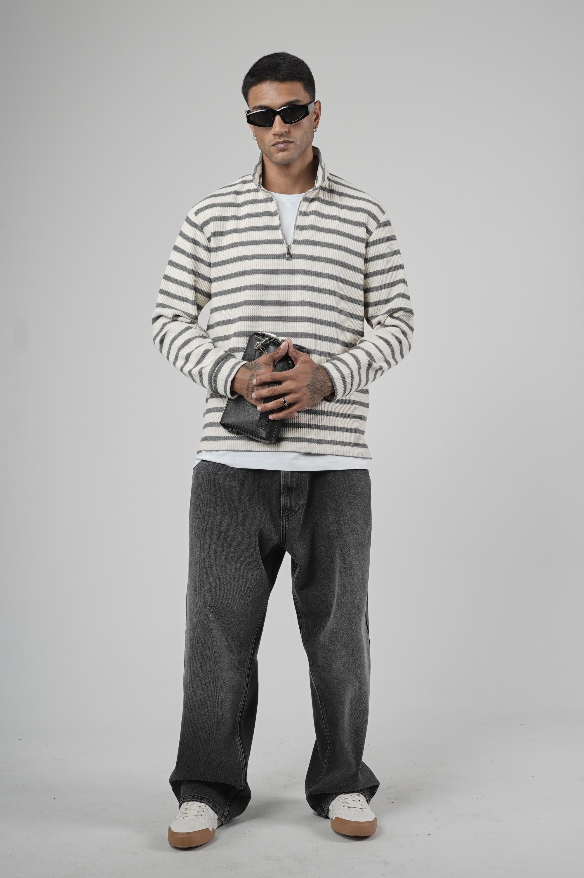 Yarım Fermuarlı Çizgili Regular Kalıp Jakarlı Sweatshirt