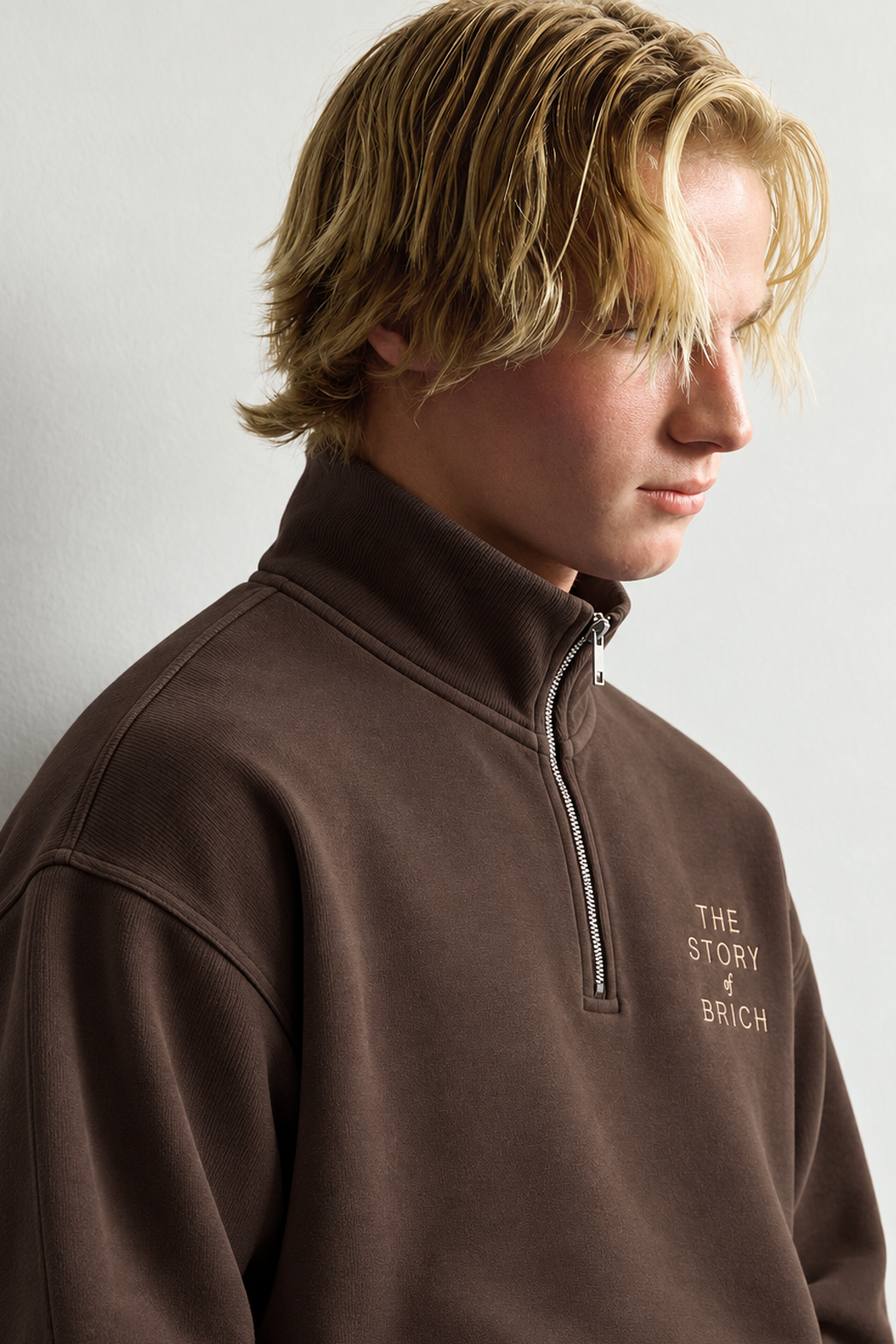 Yarım Fermuarlı Dik Yaka Nakışlı Şardonlu Oversize Sweatshirt