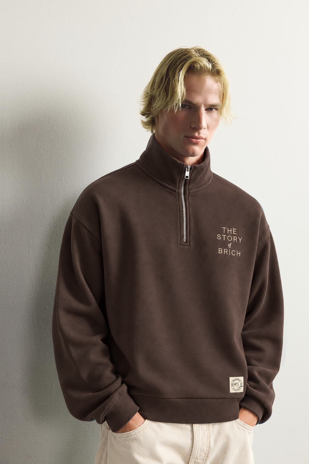 Yarım Fermuarlı Dik Yaka Nakışlı Şardonlu Oversize Sweatshirt