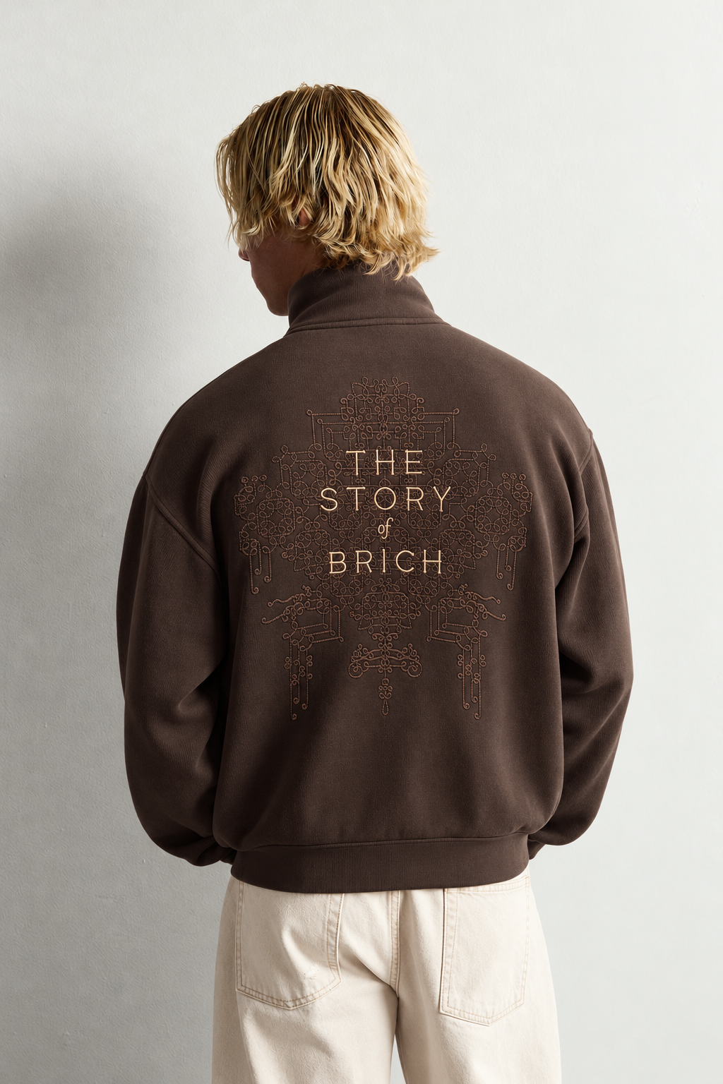 Yarım Fermuarlı Dik Yaka Nakışlı Şardonlu Oversize Sweatshirt