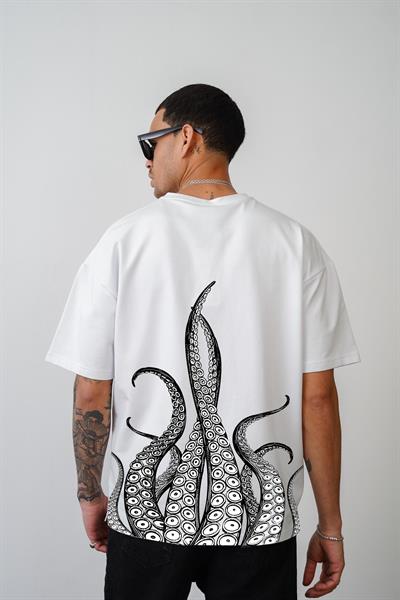 Ahtapot Baskılı Unisex Ekru Oversize Tişört