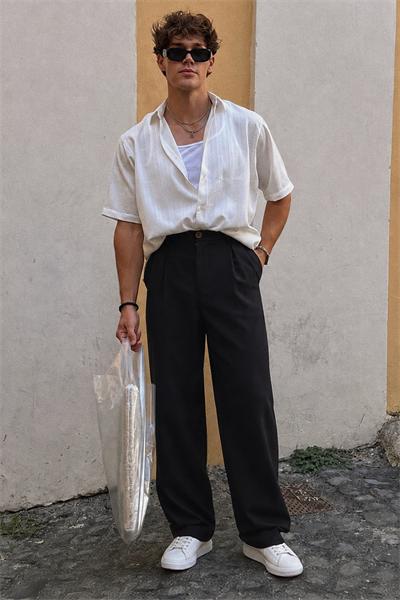 Baggy Fit Kalıp Pamuklu Keten Pantolon