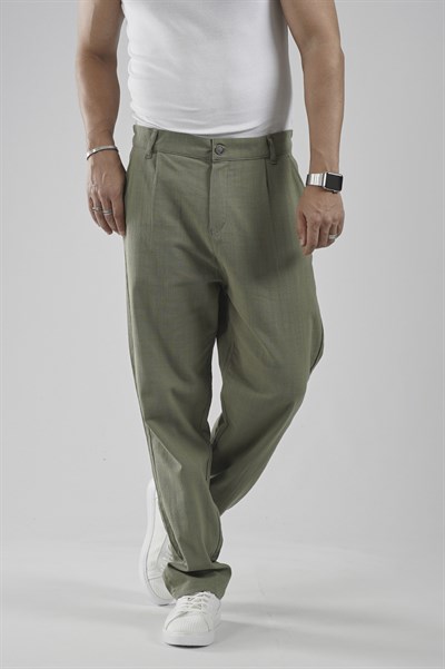 Baggy Fit Kalıp Pamuklu Keten Pantolon