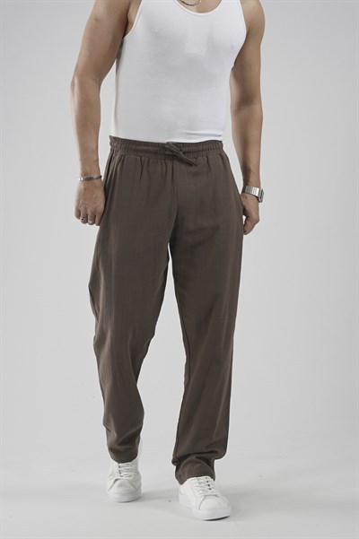 Beli Lastikli Regular Kalıp Pamuklu Keten Pantolon