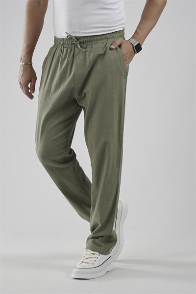 Beli Lastikli Regular Kalıp Pamuklu Keten Pantolon