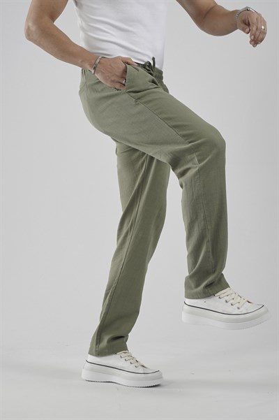 Beli Lastikli Regular Kalıp Pamuklu Keten Pantolon