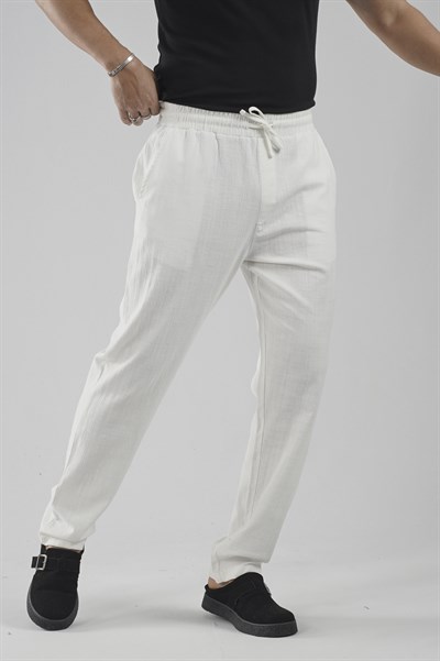 Beli Lastikli Regular Kalıp Pamuklu Keten Pantolon