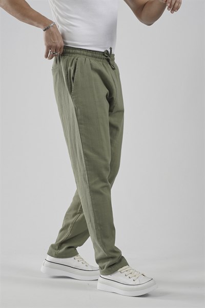 Beli Lastikli Regular Kalıp Pamuklu Keten Pantolon