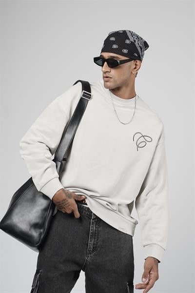 Bisiklet Yaka Baskılı Nakış Detaylı Erkek Sweatshirt