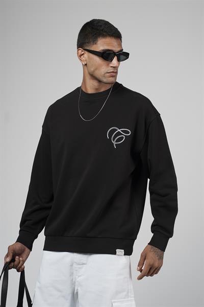 Bisiklet Yaka Baskılı Nakış Detaylı Erkek Sweatshirt