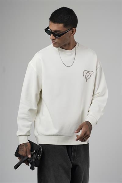 Bisiklet Yaka Baskılı Nakış Detaylı Erkek Sweatshirt