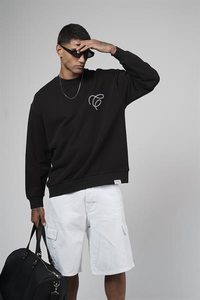 Bisiklet Yaka Baskılı Nakış Detaylı Erkek Sweatshirt