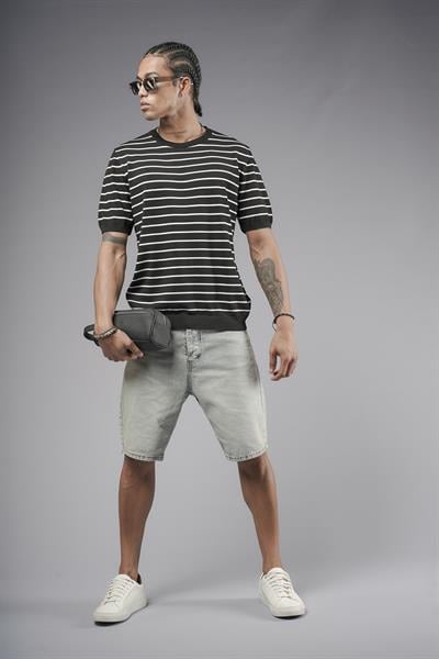 Bisiklet Yaka Çizgili Regular Kalıp Erkek Triko Tişört