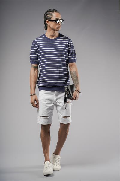 Bisiklet Yaka Çizgili Regular Kalıp Erkek Triko Tişört