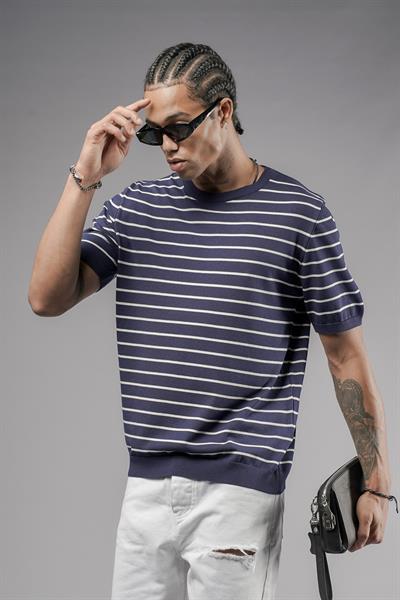 Bisiklet Yaka Çizgili Regular Kalıp Erkek Triko Tişört