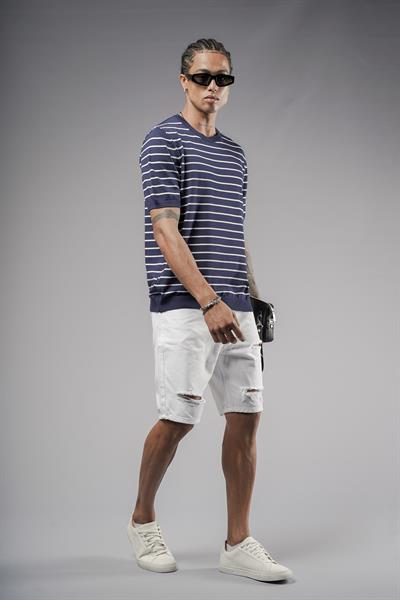 Bisiklet Yaka Çizgili Regular Kalıp Erkek Triko Tişört