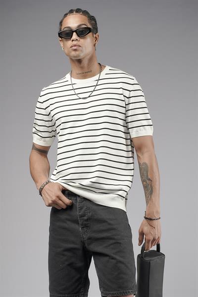 Bisiklet Yaka Çizgili Regular Kalıp Erkek Triko Tişört