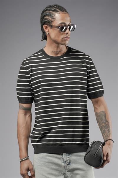 Bisiklet Yaka Çizgili Regular Kalıp Erkek Triko Tişört