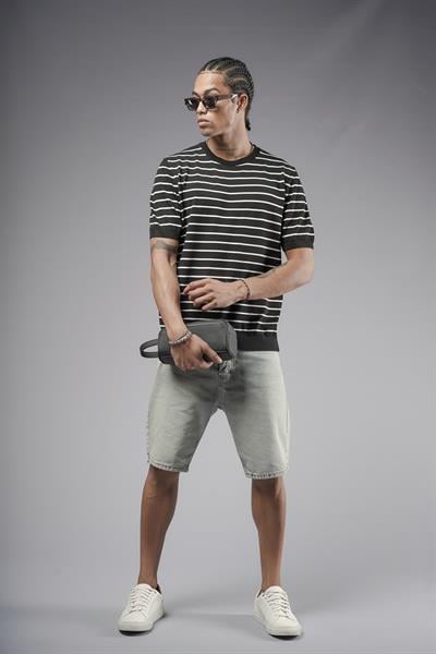 Bisiklet Yaka Çizgili Regular Kalıp Erkek Triko Tişört