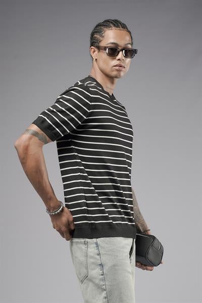 Bisiklet Yaka Çizgili Regular Kalıp Erkek Triko Tişört