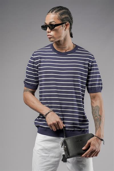 Bisiklet Yaka Çizgili Regular Kalıp Erkek Triko Tişört