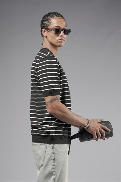 Bisiklet Yaka Çizgili Regular Kalıp Erkek Triko Tişört