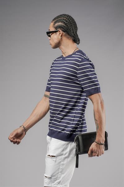 Bisiklet Yaka Çizgili Regular Kalıp Erkek Triko Tişört