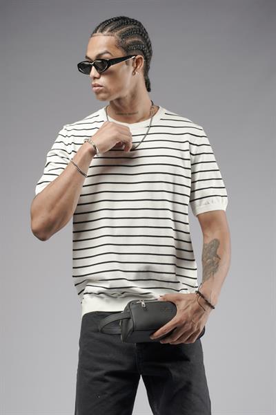 Bisiklet Yaka Çizgili Regular Kalıp Erkek Triko Tişört