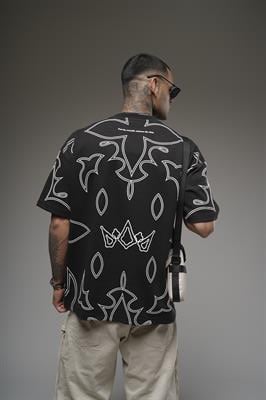 Bisiklet Yaka Desenli Oversize Kalıp Unisex Tişört