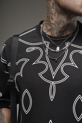 Bisiklet Yaka Desenli Oversize Kalıp Unisex Tişört