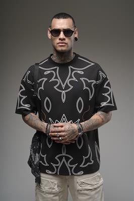 Bisiklet Yaka Desenli Oversize Kalıp Unisex Tişört