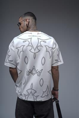 Bisiklet Yaka Desenli Oversize Kalıp Unisex Tişört