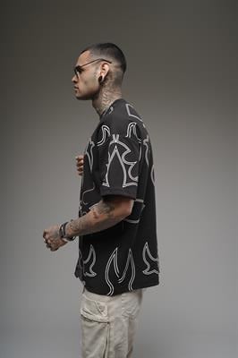 Bisiklet Yaka Desenli Oversize Kalıp Unisex Tişört