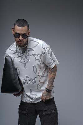 Bisiklet Yaka Desenli Oversize Kalıp Unisex Tişört