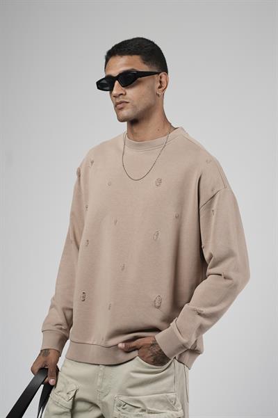 Bisiklet Yaka Lazerli Oversize Kalıp Erkek Sweatshirt