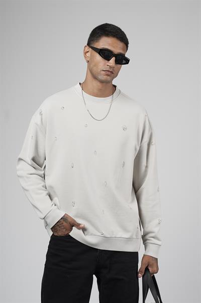 Bisiklet Yaka Lazerli Oversize Kalıp Erkek Sweatshirt