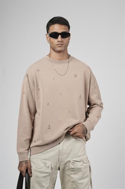 Bisiklet Yaka Lazerli Oversize Kalıp Erkek Sweatshirt