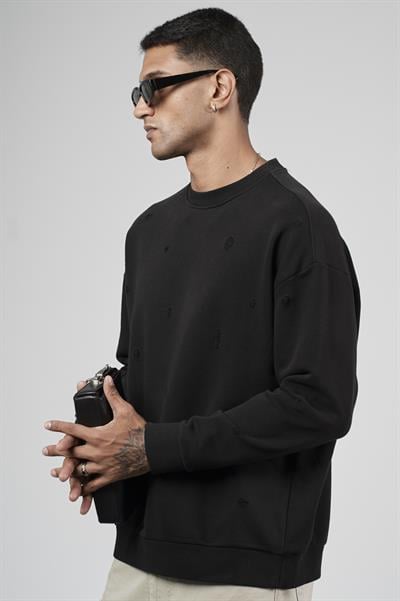 Bisiklet Yaka Lazerli Oversize Kalıp Erkek Sweatshirt