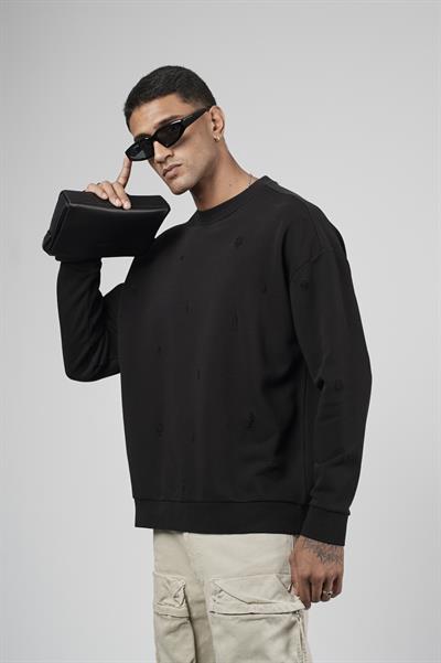 Bisiklet Yaka Lazerli Oversize Kalıp Erkek Sweatshirt