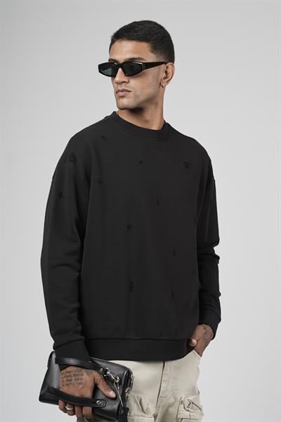 Bisiklet Yaka Lazerli Oversize Kalıp Erkek Sweatshirt