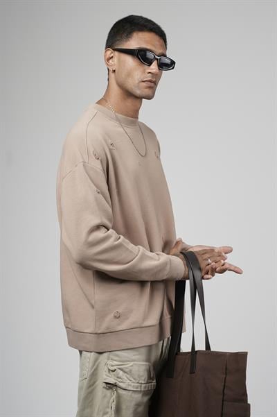 Bisiklet Yaka Lazerli Oversize Kalıp Erkek Sweatshirt