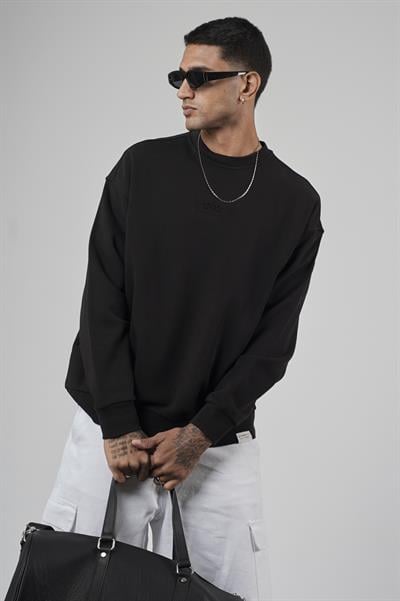 Bisiklet Yaka Logolu Oversize Kalıp Erkek Sweatshirt