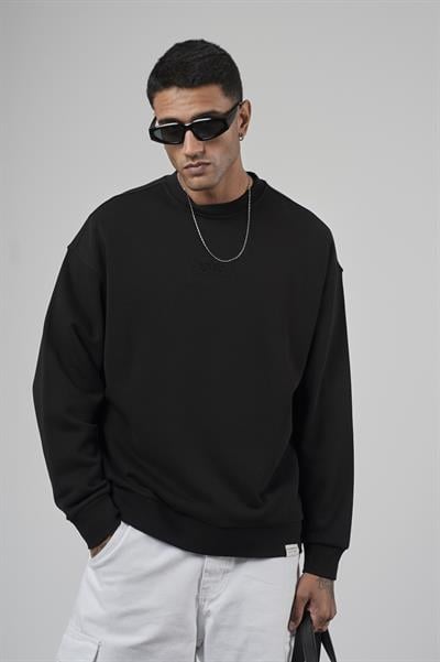 Bisiklet Yaka Logolu Oversize Kalıp Erkek Sweatshirt