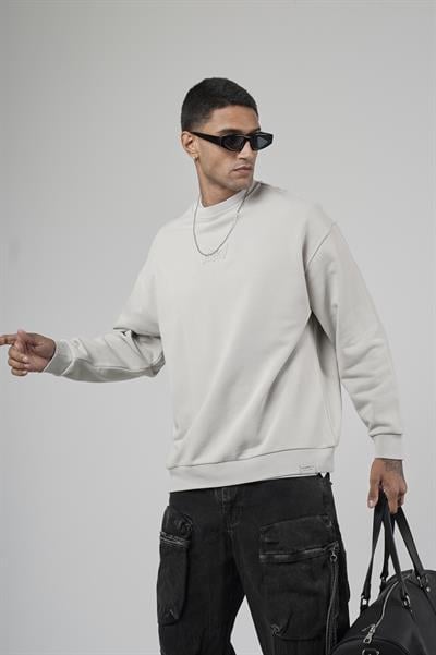 Bisiklet Yaka Logolu Oversize Kalıp Erkek Sweatshirt