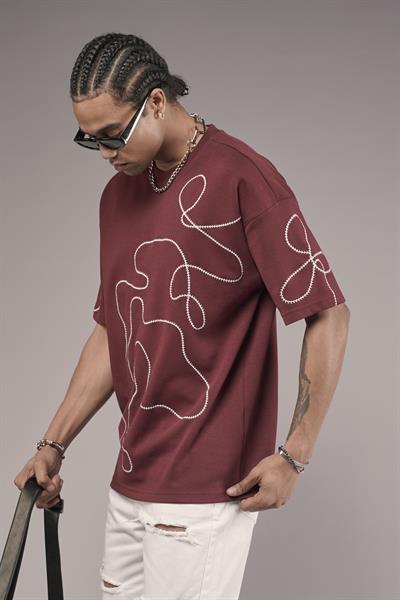 Bisiklet Yaka Nakış Detaylı Oversize Kalıp Unisex Tişört