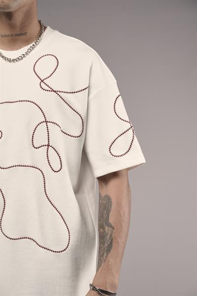 Bisiklet Yaka Nakış Detaylı Oversize Kalıp Unisex Tişört