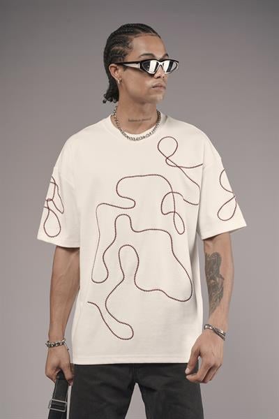 Bisiklet Yaka Nakış Detaylı Oversize Kalıp Unisex Tişört