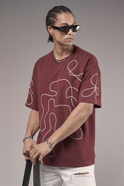 Bisiklet Yaka Nakış Detaylı Oversize Kalıp Unisex Tişört