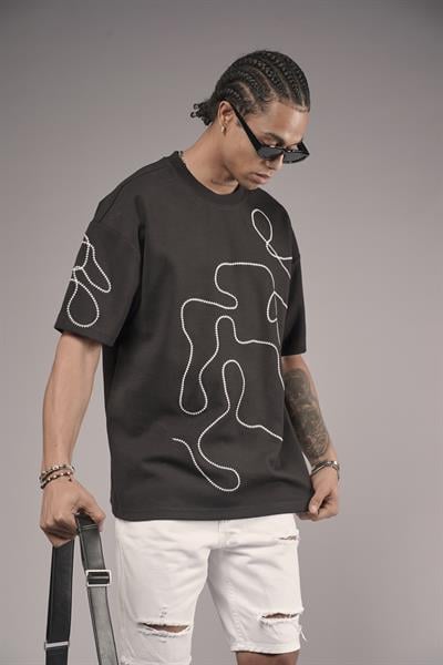 Bisiklet Yaka Nakış Detaylı Oversize Kalıp Unisex Tişört