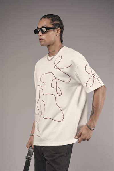 Bisiklet Yaka Nakış Detaylı Oversize Kalıp Unisex Tişört